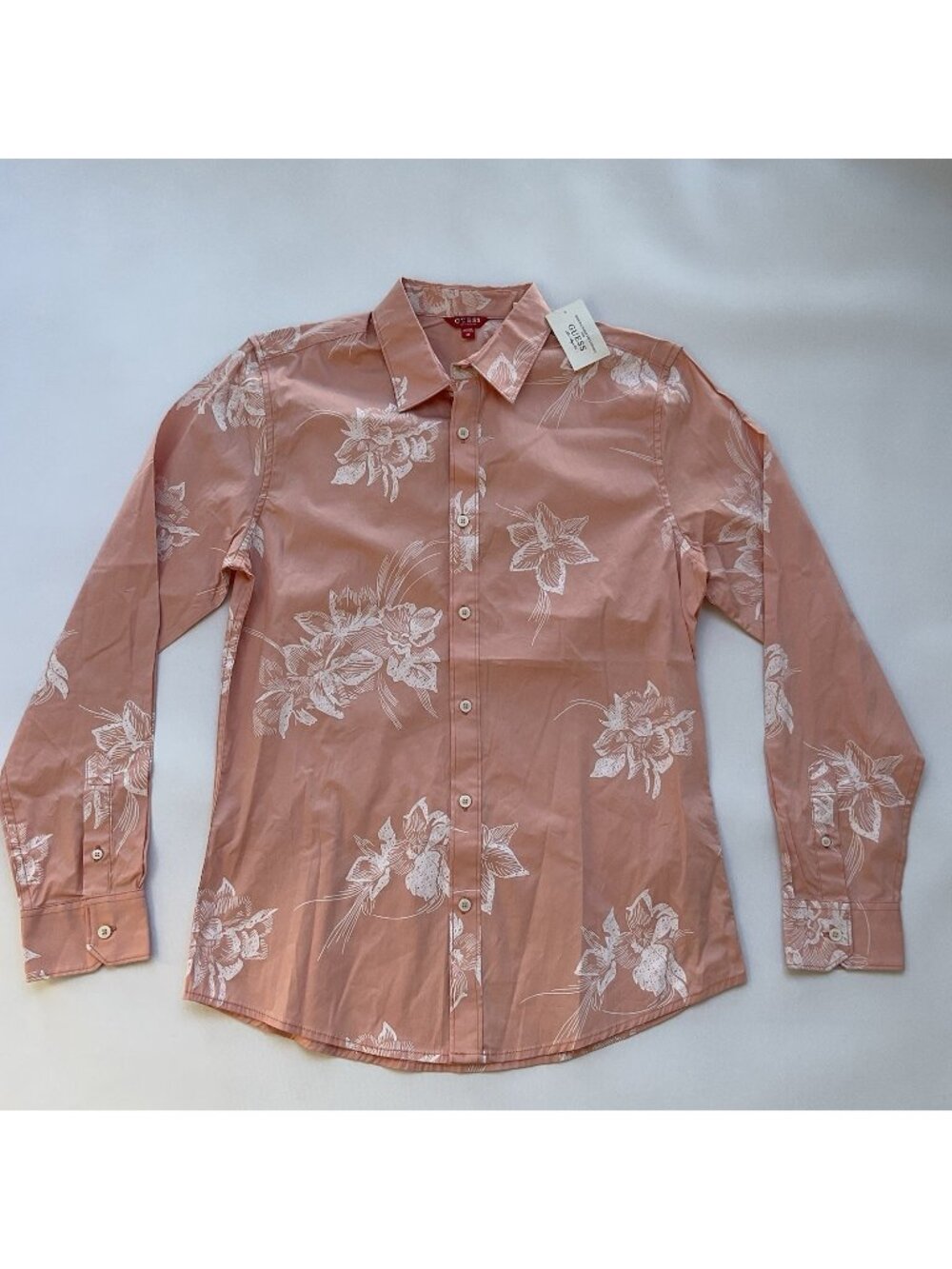 Guess Men’s Shirt Regular Fit Long Sleeves White Flowers Print Allover Size M